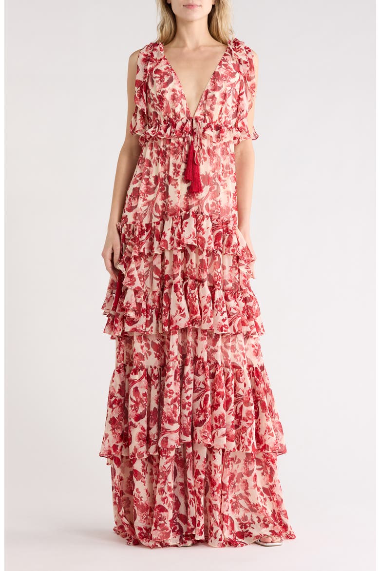 Omelia Floral Flutter Sleeve Tiered Chiffon Gown, Main, color, CHERRY ROSE MULTI