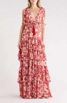 Cinq à Sept Omelia Floral Flutter Sleeve Tiered Chiffon Gown