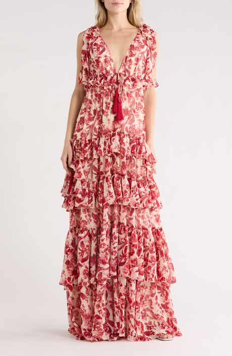 Cinq à Sept Omelia Floral Flutter Sleeve Tiered Chiffon Gown