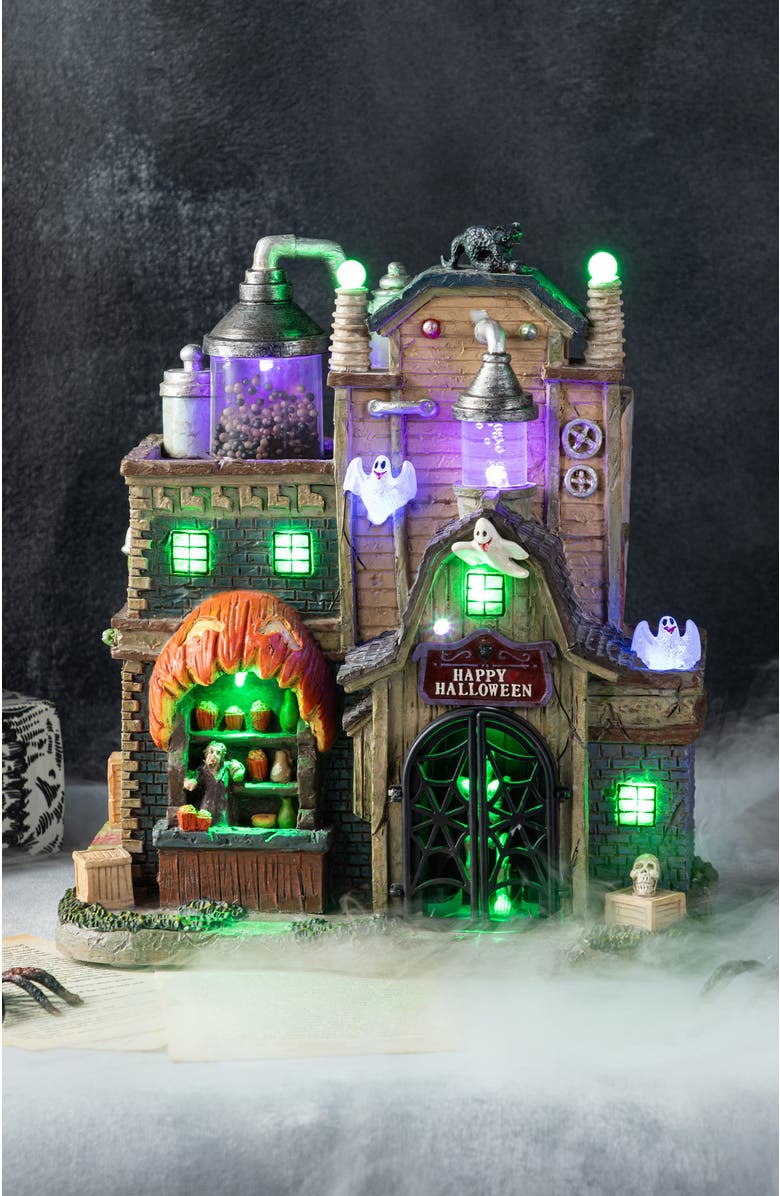 Glitzhome 11"H Lighted Resin Halloween Haunted House Village, Alternate, color, Black