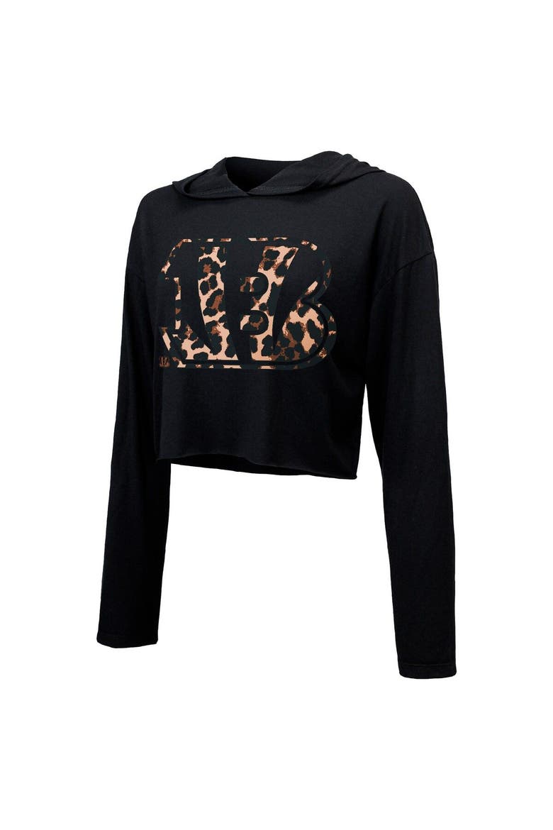 Women's Majestic Threads Joe Burrow Black Cincinnati Bengals Leopard Player Name & Number Long Sleeve Cropped Hoodie, Alternate, color, Black