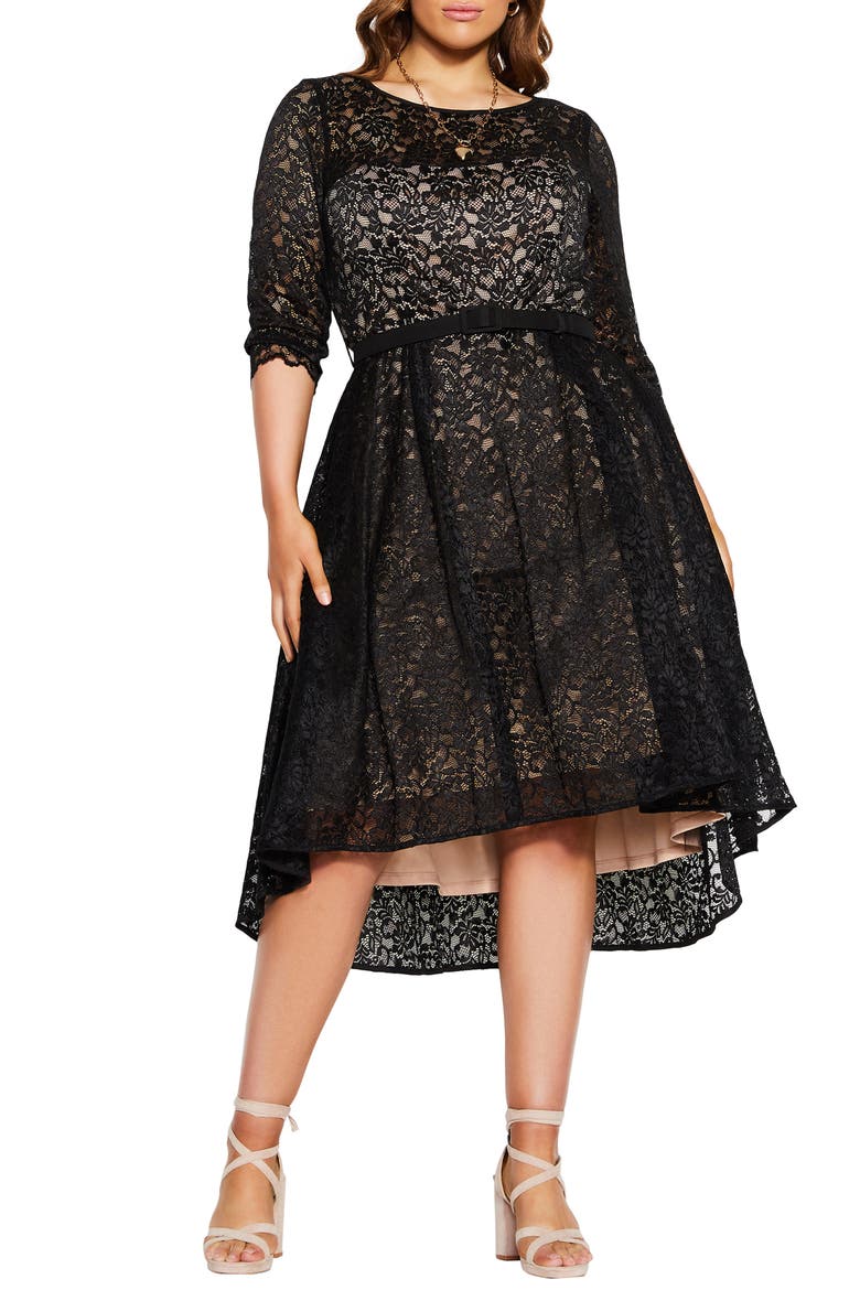 Belted Lace A-Line Dress, Main, color, BLACK
