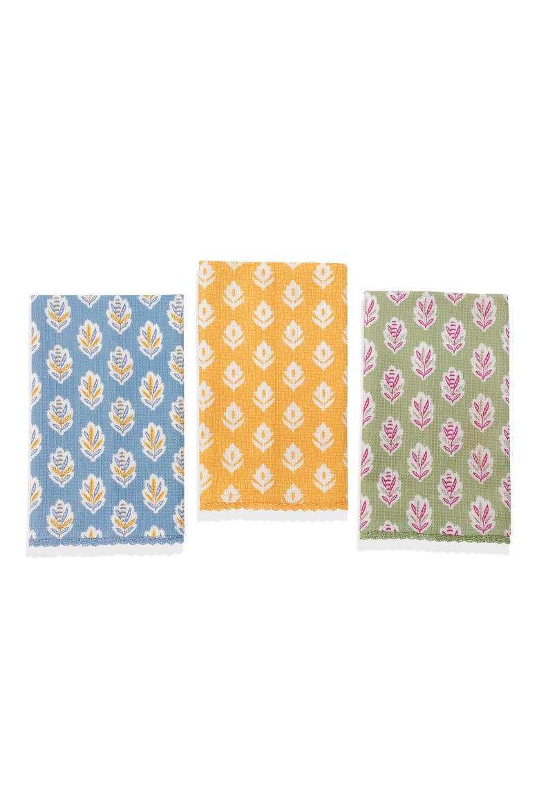 Set of Three Modern Botanical Bloom Kitchen Towels, Main, color, SLATE BLUE/ MARIGOLD