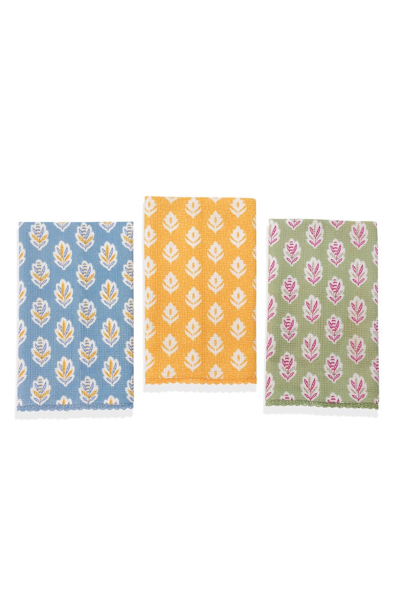 Tiramisu Set of Three Modern Botanical Bloom Kitchen Towels, Main, color, Slate Blue/ Marigold