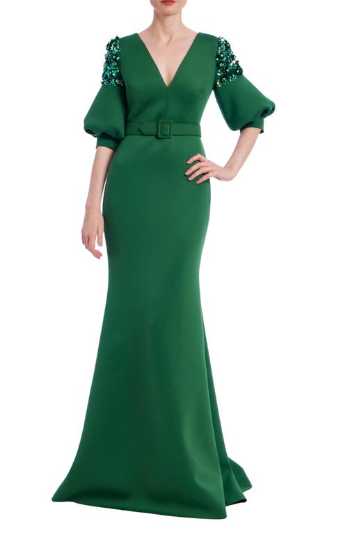 Badgley Mischka Collection Embellished Short Sleeve Mermaid Gown In Emerald