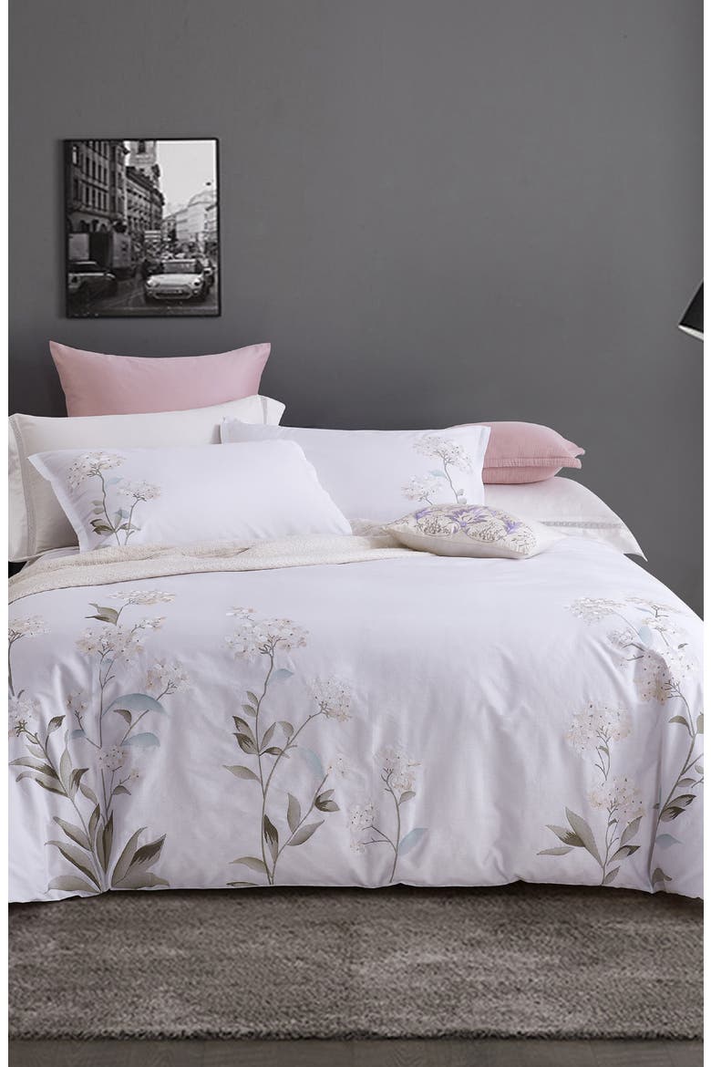 White Hydrangea Embroidery Cotton Duvet Cover Set, Alternate, color, WHITE/ WHITE