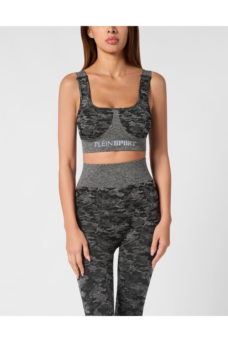 Seamless Crossed Straps Sport Bra Logo Women, Main, color, black