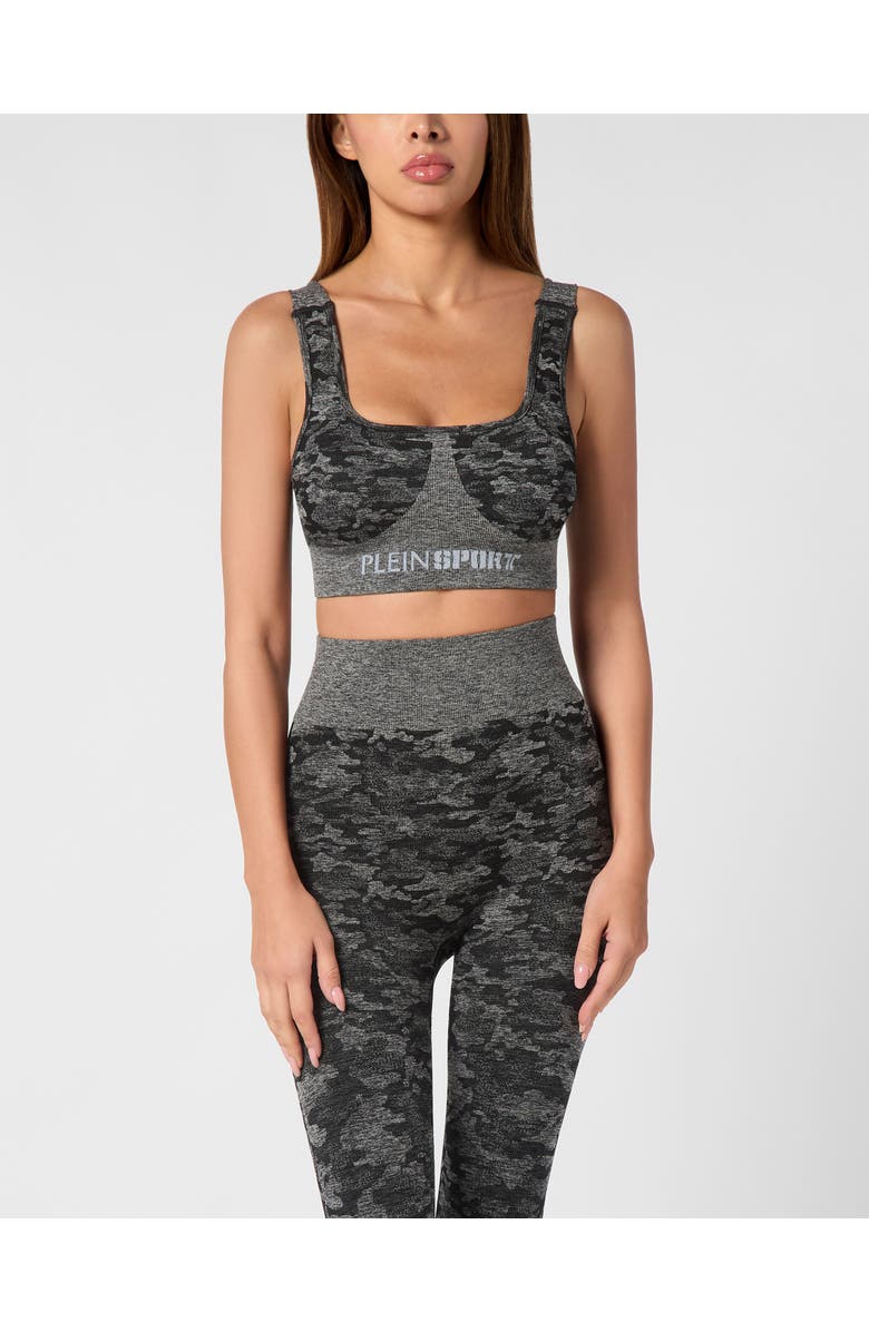 PLEIN SPORT Seamless Crossed Straps Sport Bra Logo, Main, color, Black