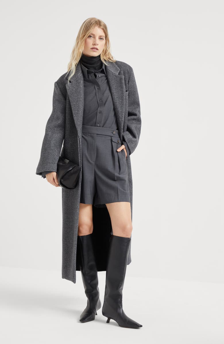 Brunello Cucinelli Hand-crafted virgin wool and cashmere double chevron cloth coat with monili, Alternate, color,