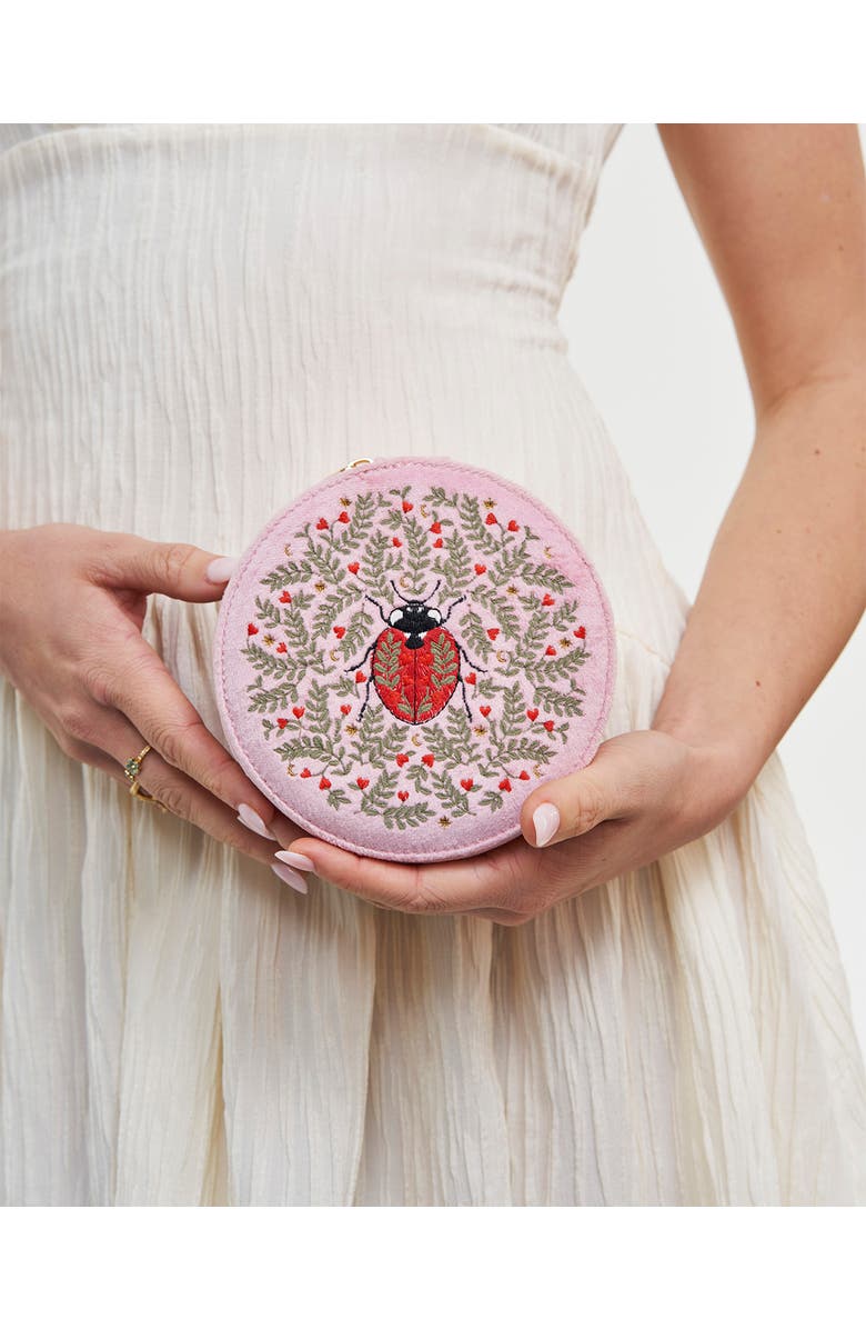 Fable England Ladybird Velvet Embroidered Circle Jewellery Box, Alternate, color, Light/Pastel Pink