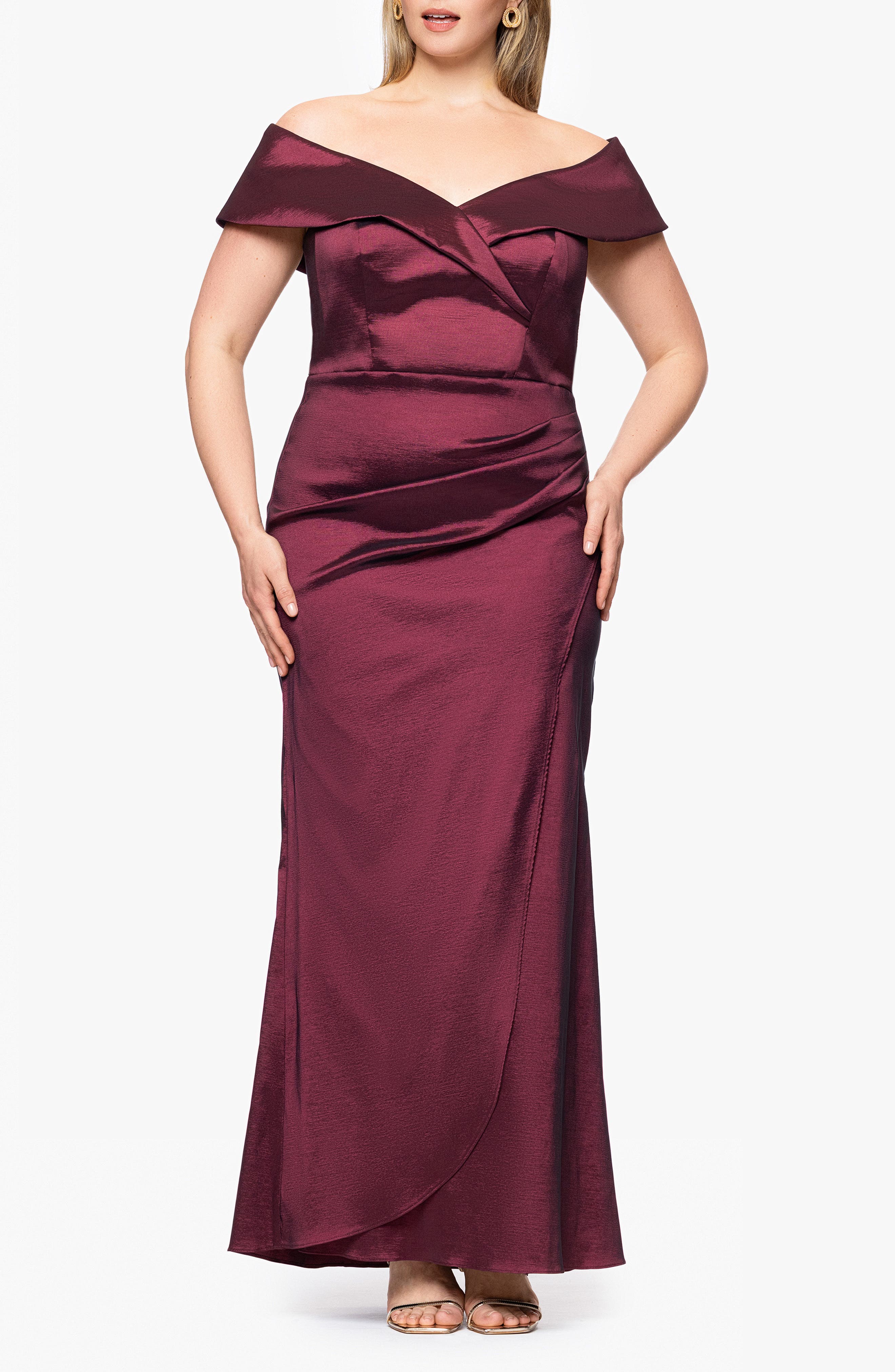 Xscape Evenings Andie Off the Shoulder Ruffle Taffeta Gown in Wine 