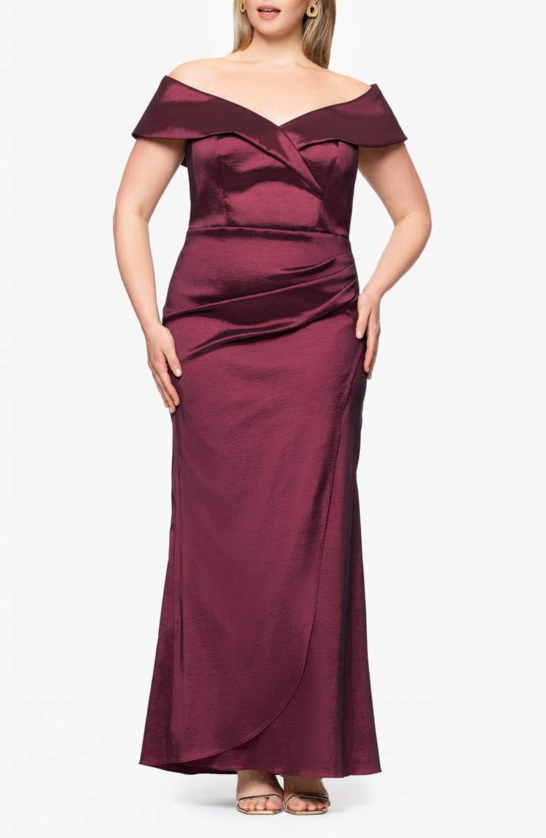 Xscape Evenings Andie Off the Shoulder Ruffle Taffeta Gown, Main, color, Wine
