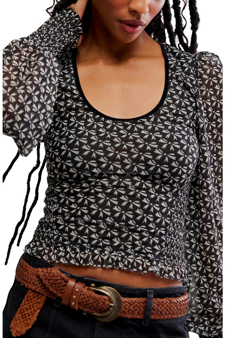 Dottie Bow Print Sheer Sleeve Smocked Top, Alternate, color, BLACK COMBO