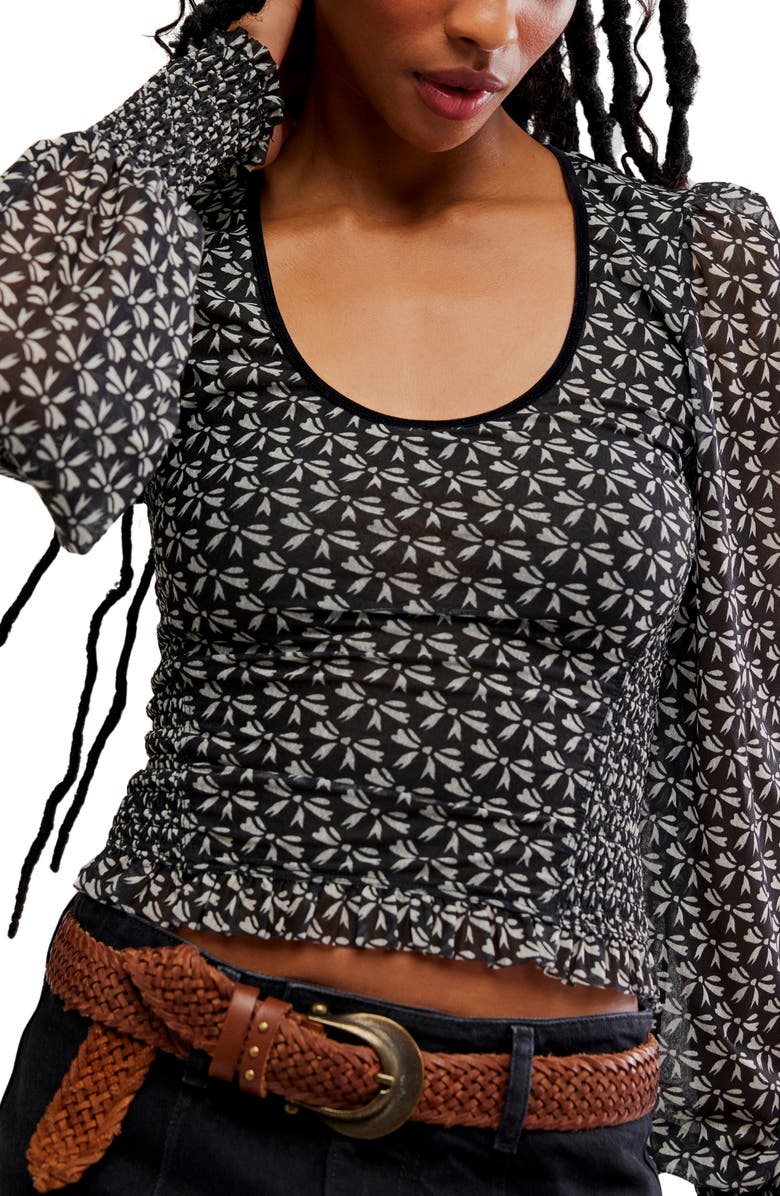 Free People Dottie Bow Print Sheer Sleeve Smocked Top, Alternate, color, Black Combo