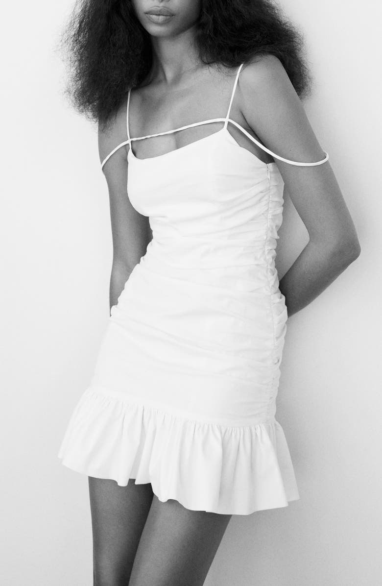 MANGO Ruched Ruffle Trim Cotton Blend Dress, Alternate, color, 