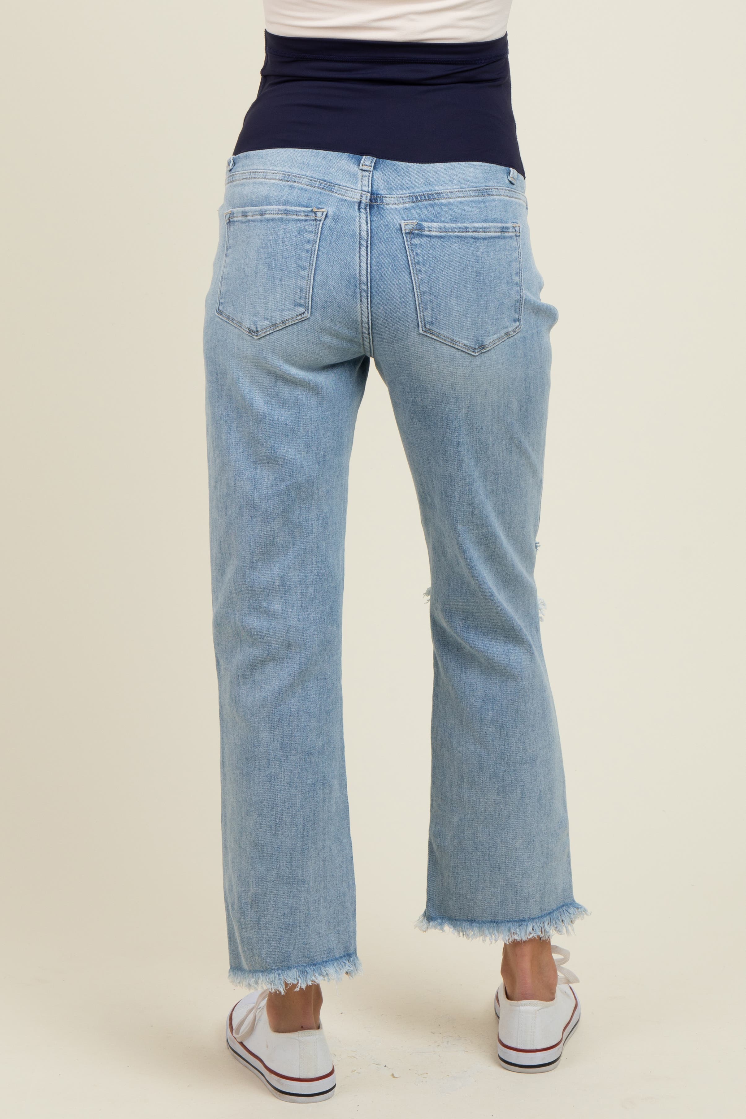Ripped Knee Fringe Hem Straight Leg Maternity Ankle Jeans - image 2