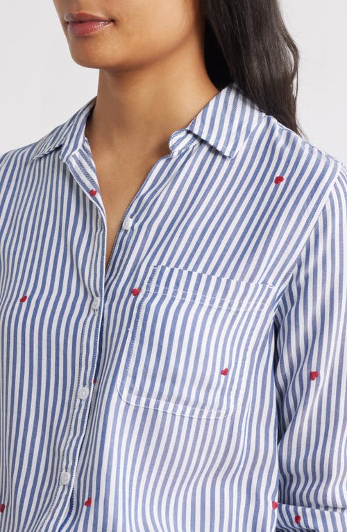 Beachlunchlounge Kaylee Heart Stripe Long Sleeve Button-up Shirt In Blue