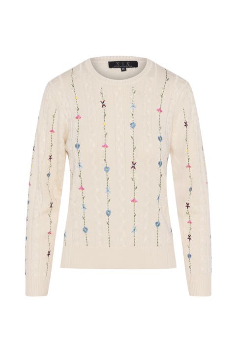 Embroidered Cable Floral Accent Knit Sweater
