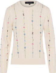 Diciannove Embroidered Cable Floral Accent Knit Sweater