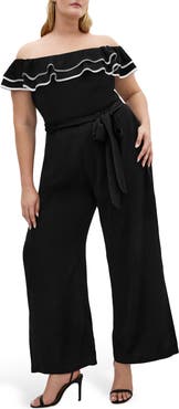 City Chic Demure Frill Off the Shoulder Jumpsuit