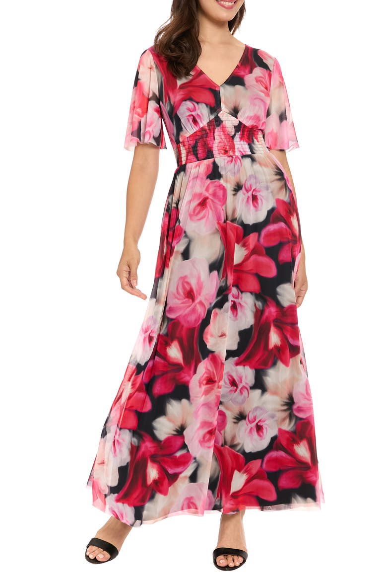 Smocked Maxi Dress, Main, color, BLACK/ CORAL