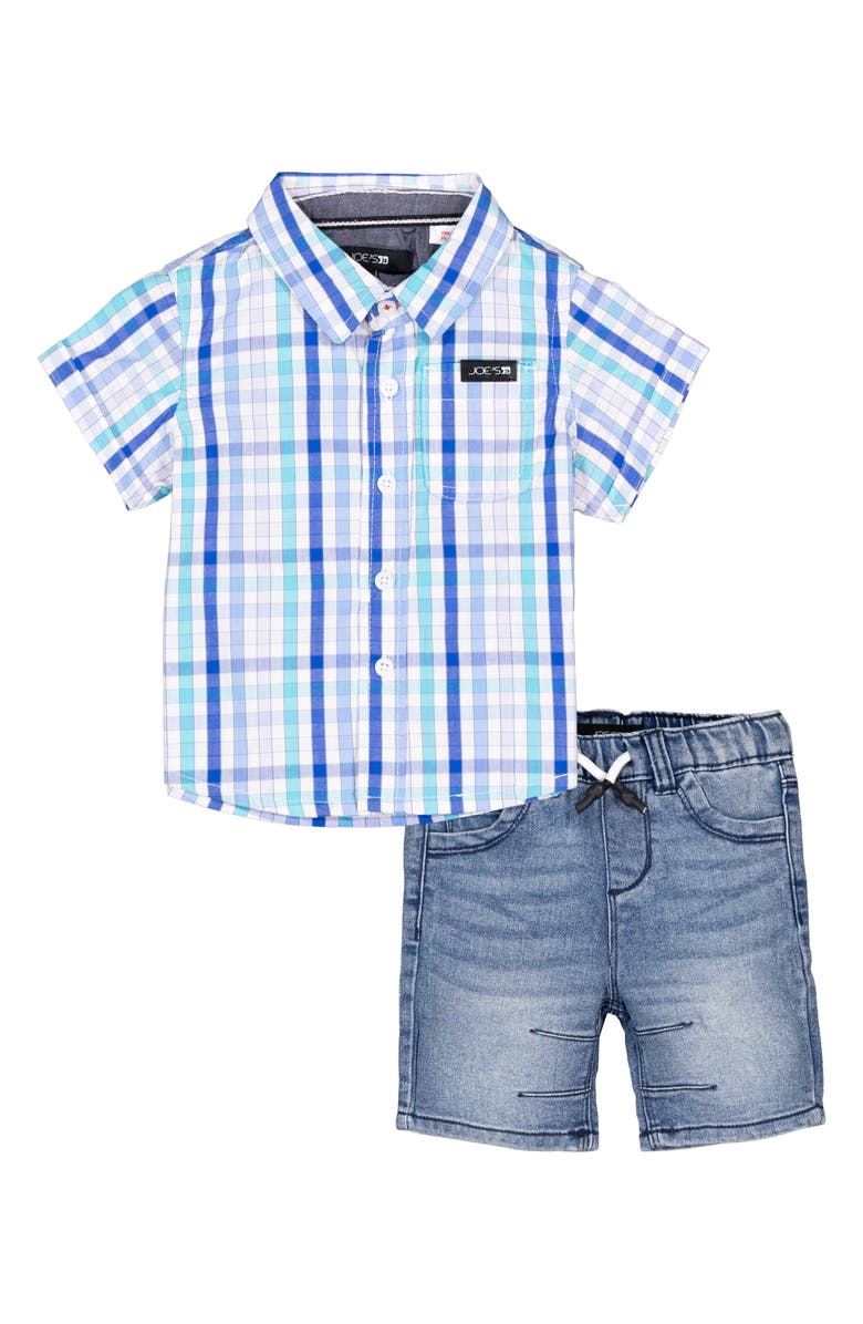 Joe's Check Short Sleeve Button-Up Shirt & Denim Shorts Set, Main, color, 