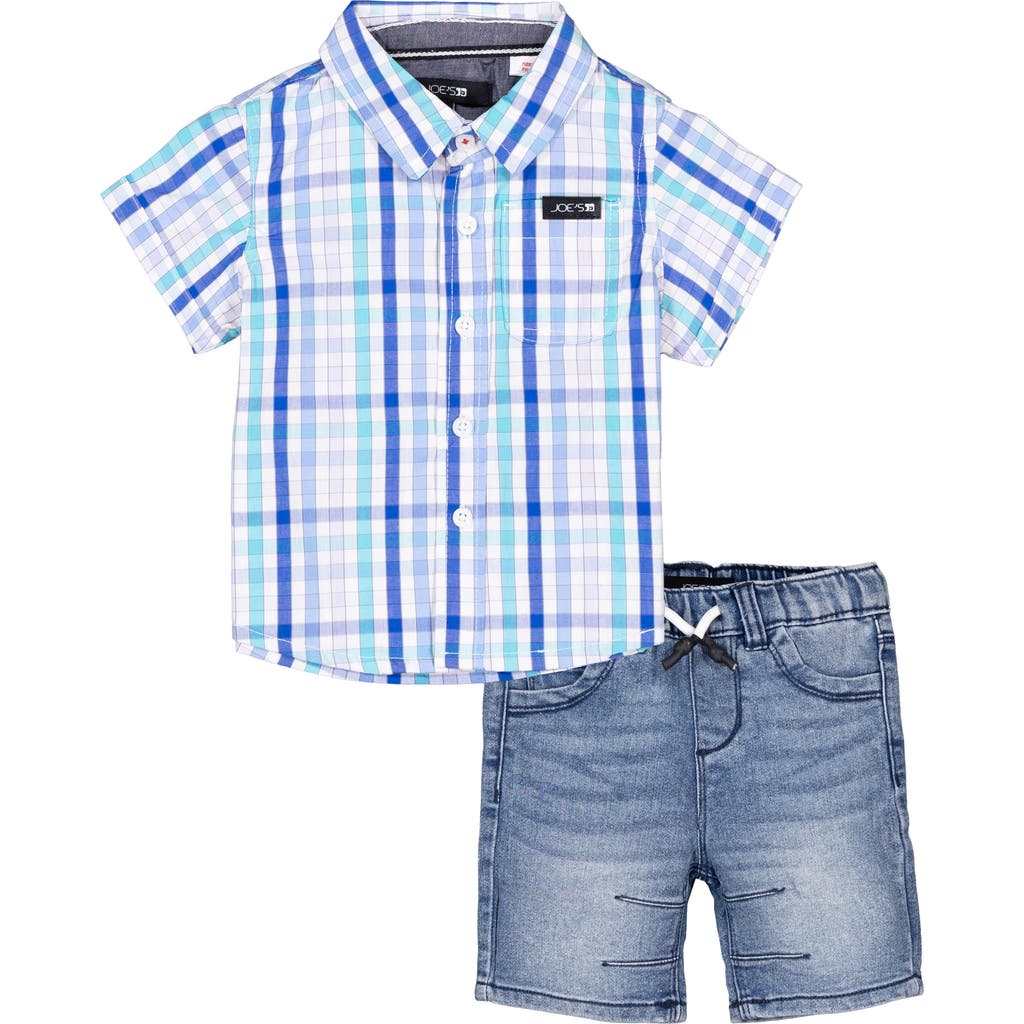 Joe's Check Short Sleeve Button-up Shirt & Denim Shorts Set In Blue