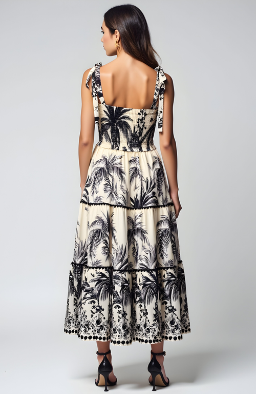 Modenaire Tropical Print Tiered Midi Dress With Pom Trim And Smocked Bodice In Multi