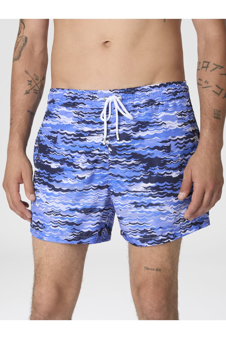 Mid-length Swim Shorts With Wave Print, Alternate, color, Blue