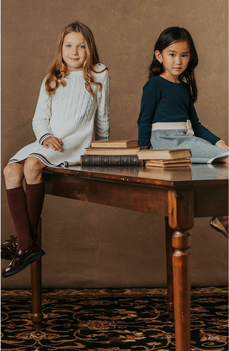 Hope & Henry Kids' Organic Long Sleeve Schoolgirl Cable Sweater Dress, Alternate, color, Soft White Cable Bold Tipping