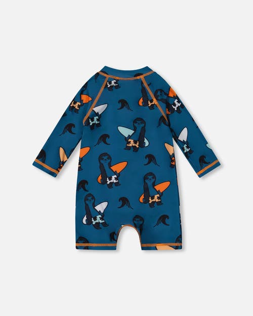 Deux Par Deux Baby Boy's Printed Long Sleeve One-piece Rashguard Orange Sloths On Navy Blue In Orange Sloths On Navy Blue