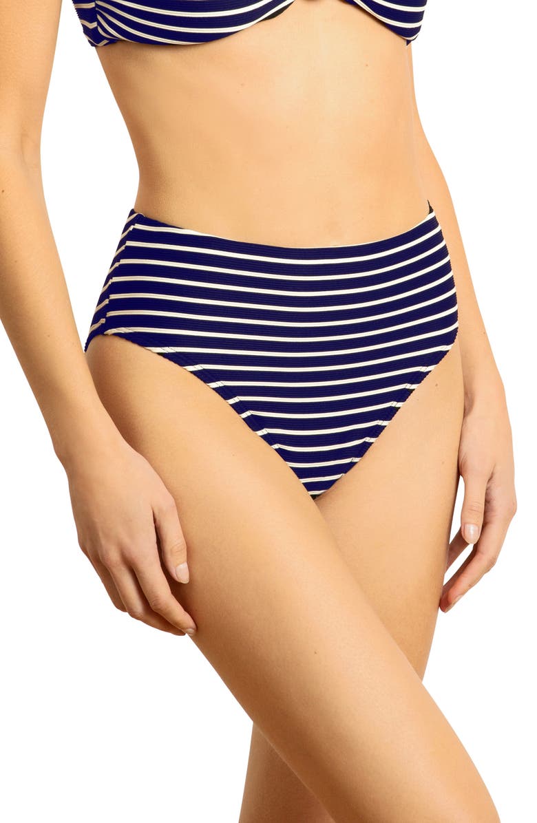 Robin Piccone Parker Stripe High Waist Rib Bikini Bottoms, Alternate, color, Navy/ White