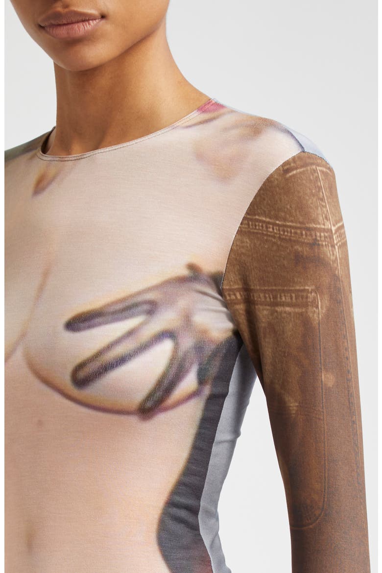 Ribbon Trompe l'Oeil Long Sleeve Jersey Bodysuit, Alternate, color, BROWN MULTI