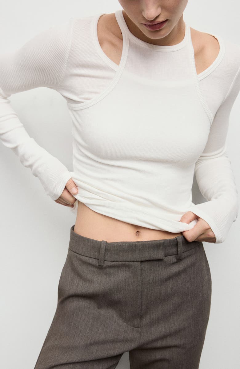 MANGO Layered Look Long Sleeve Rib T-Shirt, Alternate, color, Off White