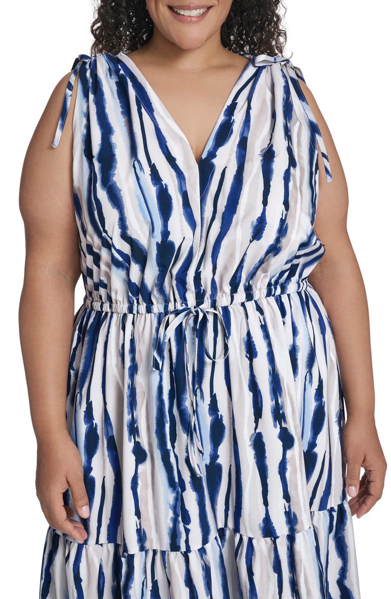 Calvin Klein Sleeveless Drawstring Waist Maxi Dress, Alternate, color, Indigo Multi