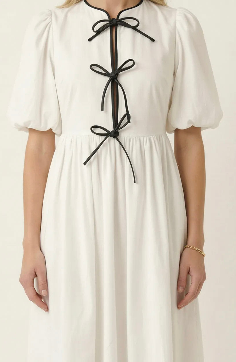 Modenaire Puff Sleeve Midi Dress with Tiered Front Ties and Contrast Trim, Alternate, color, White / Black Trim
