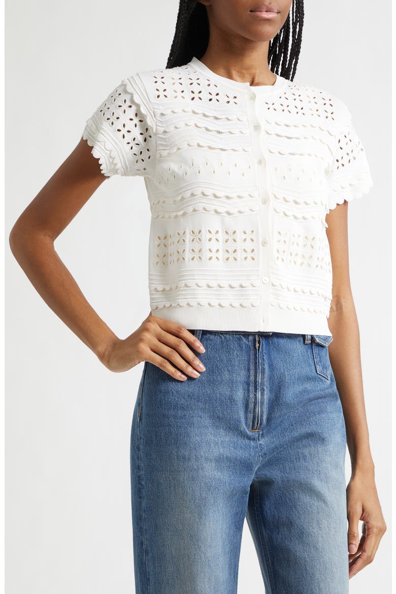 Abriana Eyelet Scallop Trim Cardigan, Alternate, color, COWRIE