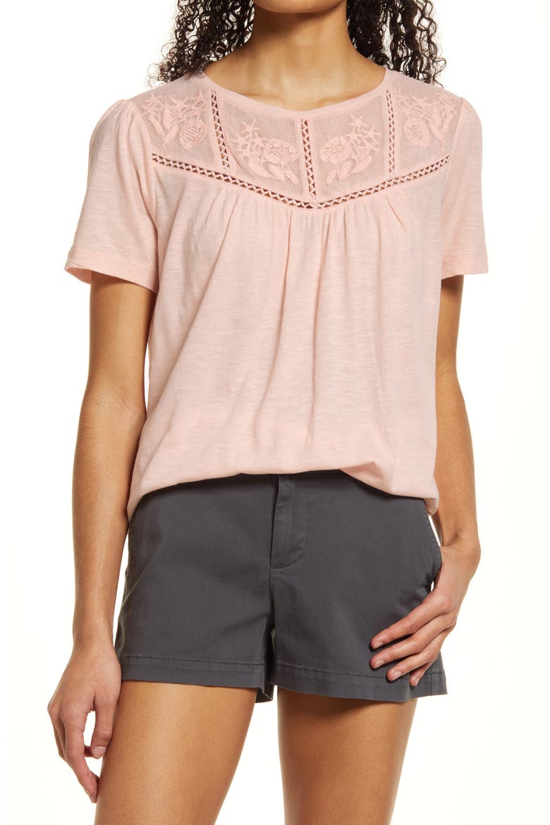 Embroidered Yoke Tee, Main, color, PINK CHINTZ