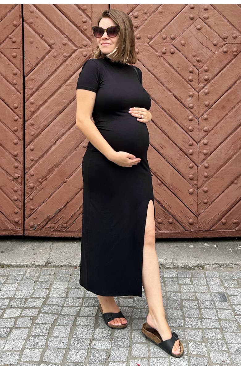 PinkBlush Mock Neck Front Slit Short Sleeve Maxi Dress, Alternate, color, Black