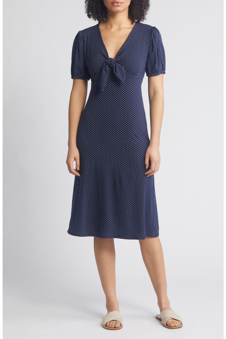 Polka Dot Puff Sleeve Midi Dress, Main, color, NAVY/ WHITE