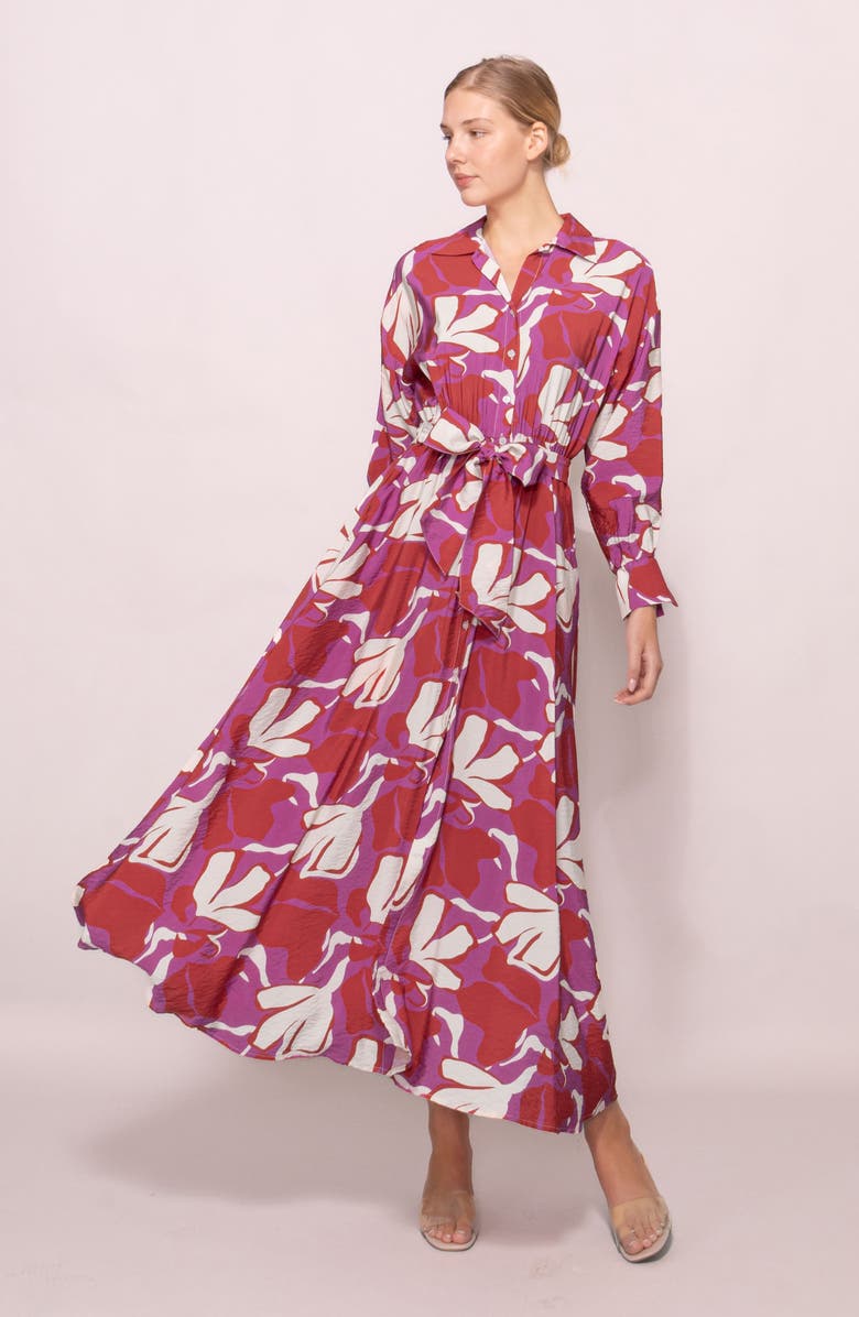 MELLODAY Print Long Sleeve Midi Shirtdress, Alternate, color, Fuchsia Abstract