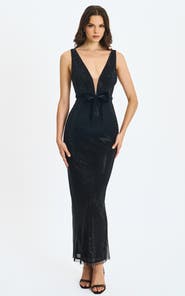 Miss Circle Olympia Belted Bow Plunging Rhinestone Maxi Dress