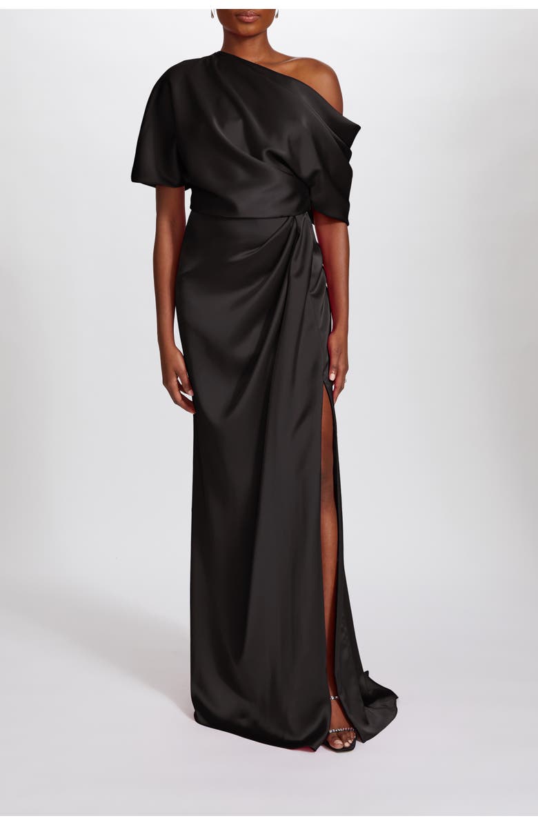 Amsale Fluid Satin Off-the-Shoulder Gown, Main, color, Black