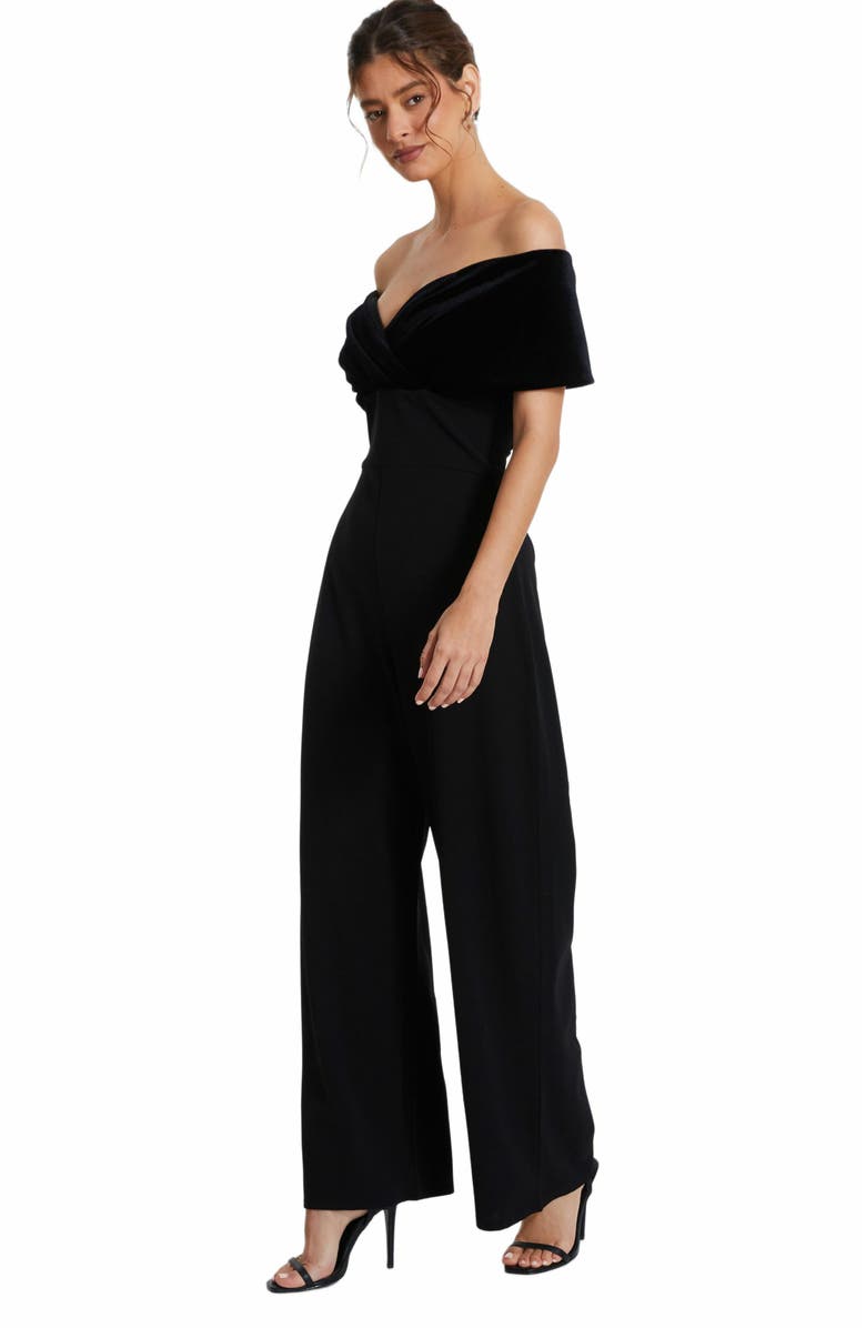 QUIZ Velvet and Scuba Crepe Bardot Jumpsuit, Alternate, color, 