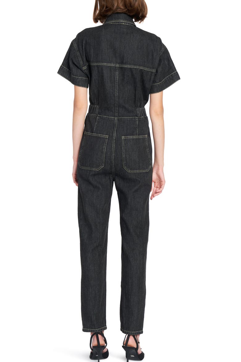 Short Sleeve Cotton Denim Jumpsuit, Alternate, color, BLACK