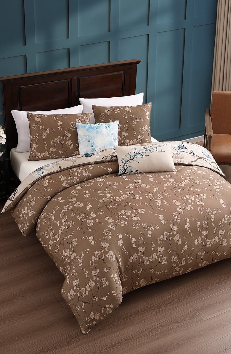 Bebejan Blue Blossom Reversible 5-Piece Comforter Set, Alternate, color, Brown