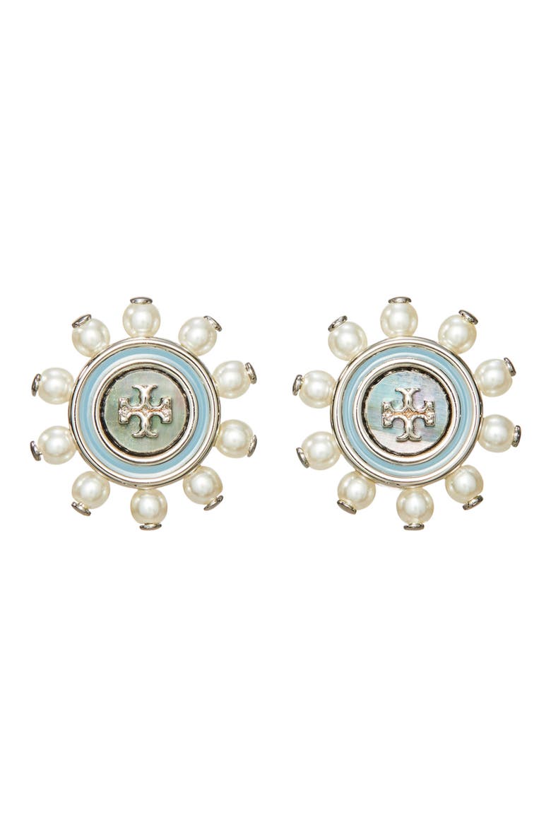 Kira Faux Pearl Stud Earrings, Main, color, BLUE / PEARL