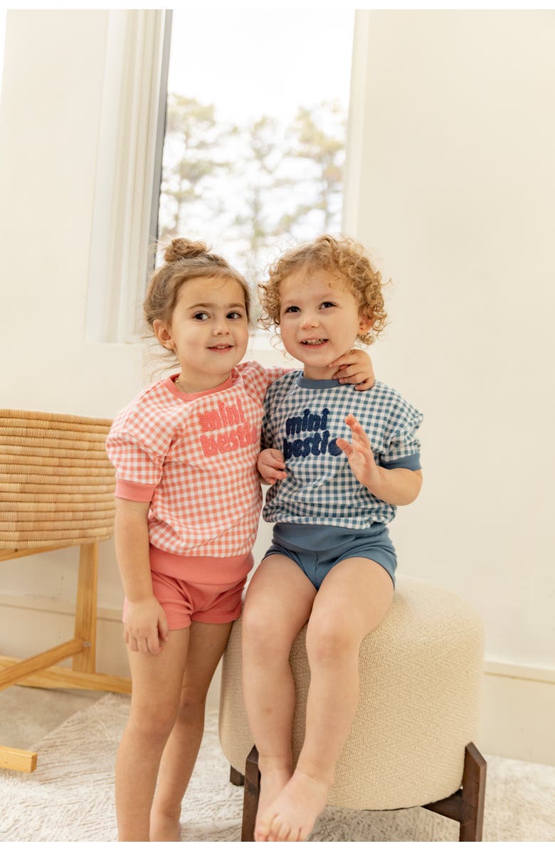 Mocha Checkered Mini Bestie 2 Piece Set Short Sleeve Top and Ribbed Shorts, Alternate, color, Blue/White