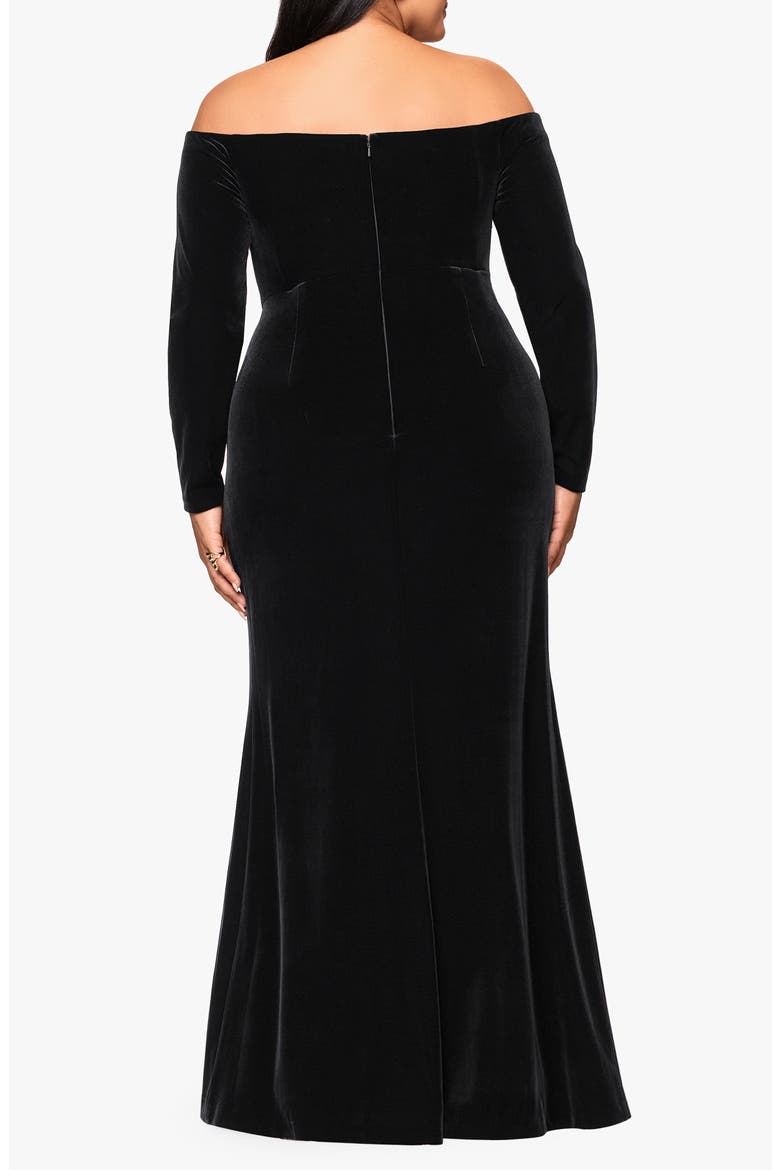 Off the Shoulder Long Sleeve Stretch Velvet Mermaid Gown, Alternate, color, BLACK
