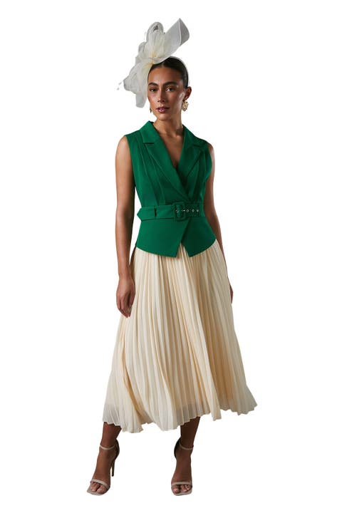 Sleeveless Crepe Pleated Midi Dress